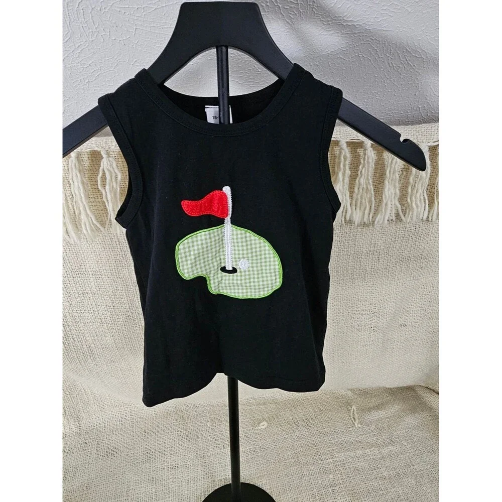 Boutique Black Golf Applique Tank with Green Gingham Shorts